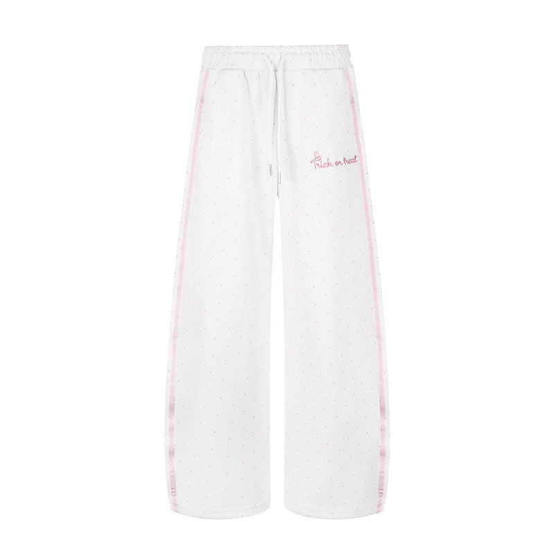 Women's Extra Wide Palazzo Sweatpants in Polka Dot Design with Elastic Comfort Waistband and Side Contrast Stripes Amarae
