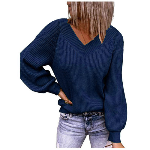 Knitted sweater for women with V-neck and puff sleeves Amarae