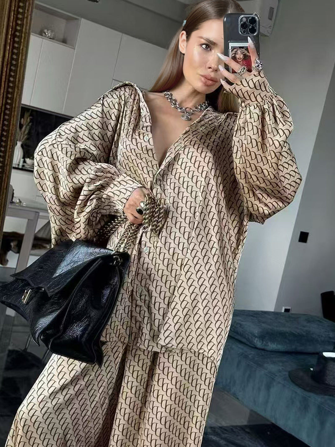 Long sleeve blouse for women with modern graphic print and elegant high collar Lune London