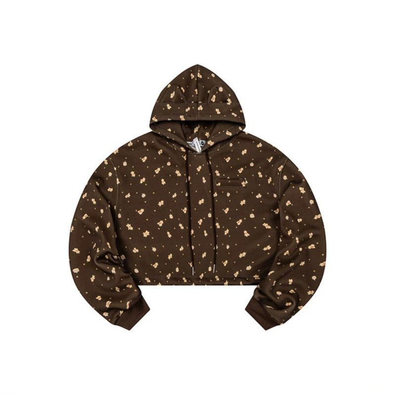 Women's Cropped Hoodie Sweatshirt with Allover Floral Print, Chest Pocket and Ruffled Hem Amarae