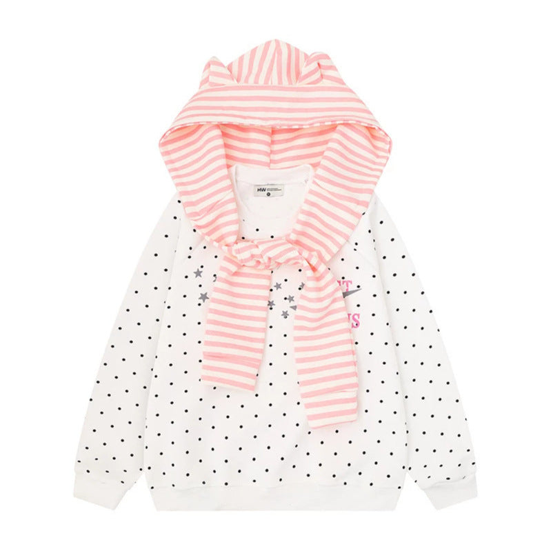 Women's Polka Dot Sweatshirt with Attached Striped Hood-Scarf and Star Appliqué Amarae