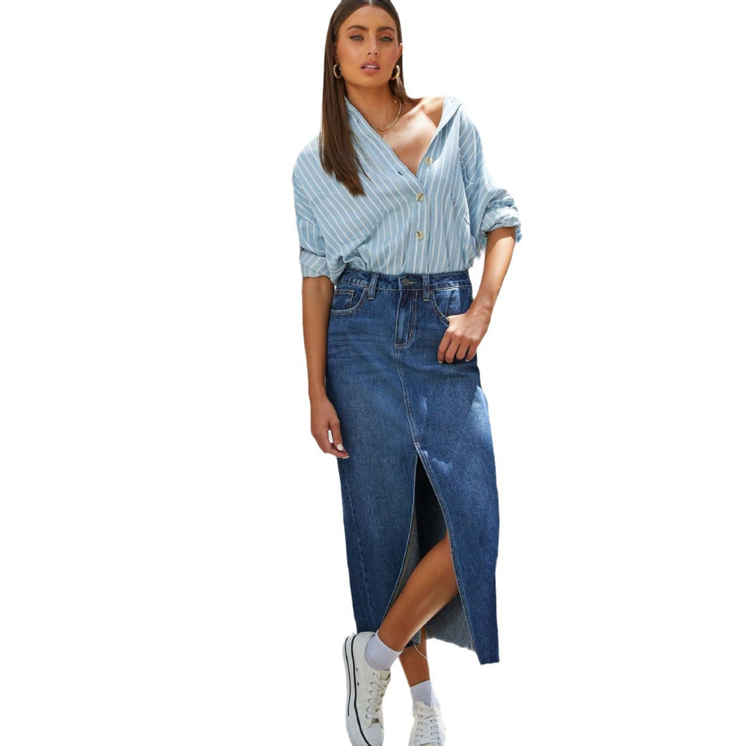 Women's high-cut denim mid skirt with side slit and frayed hems Lune London