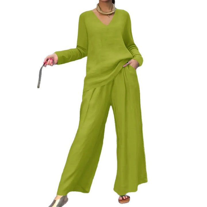 Women's Fine V-Neck Knit Sweater with Flowing Palazzo Pants Amarae