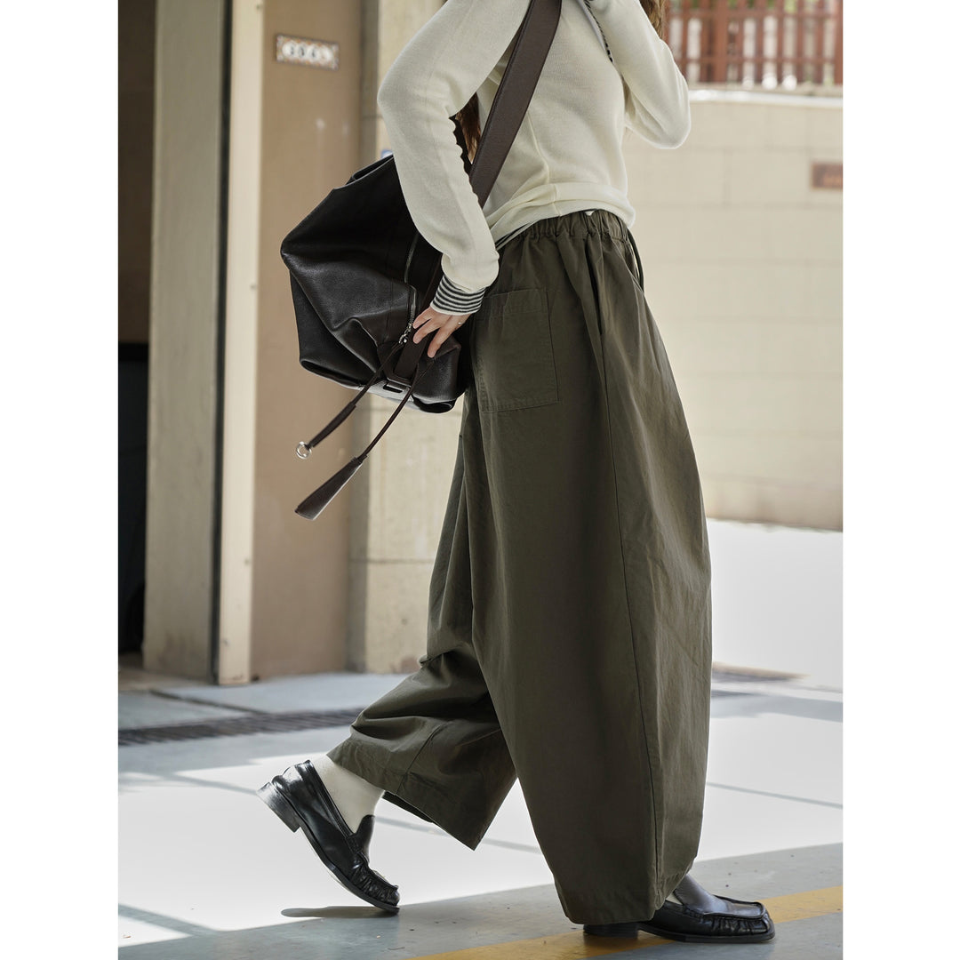 Women's Wide High-Waist Cargo-Harem Pants with Elastic Waistband and Large Patch Pockets Amarae