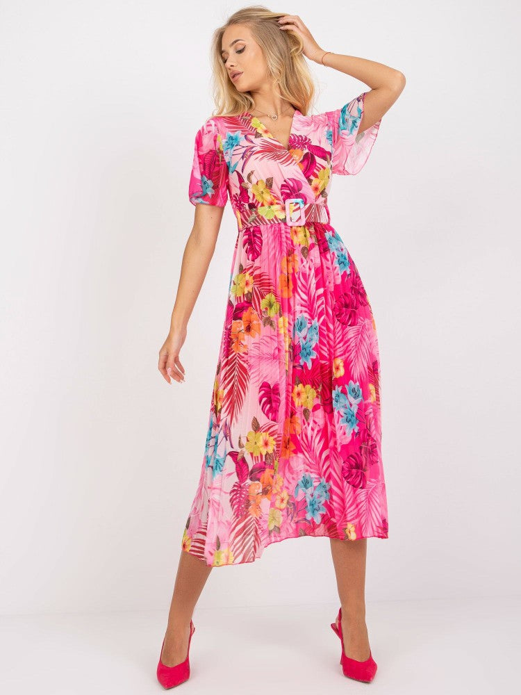 Chic Floral Pleated Maxi Dress for Women with Belt