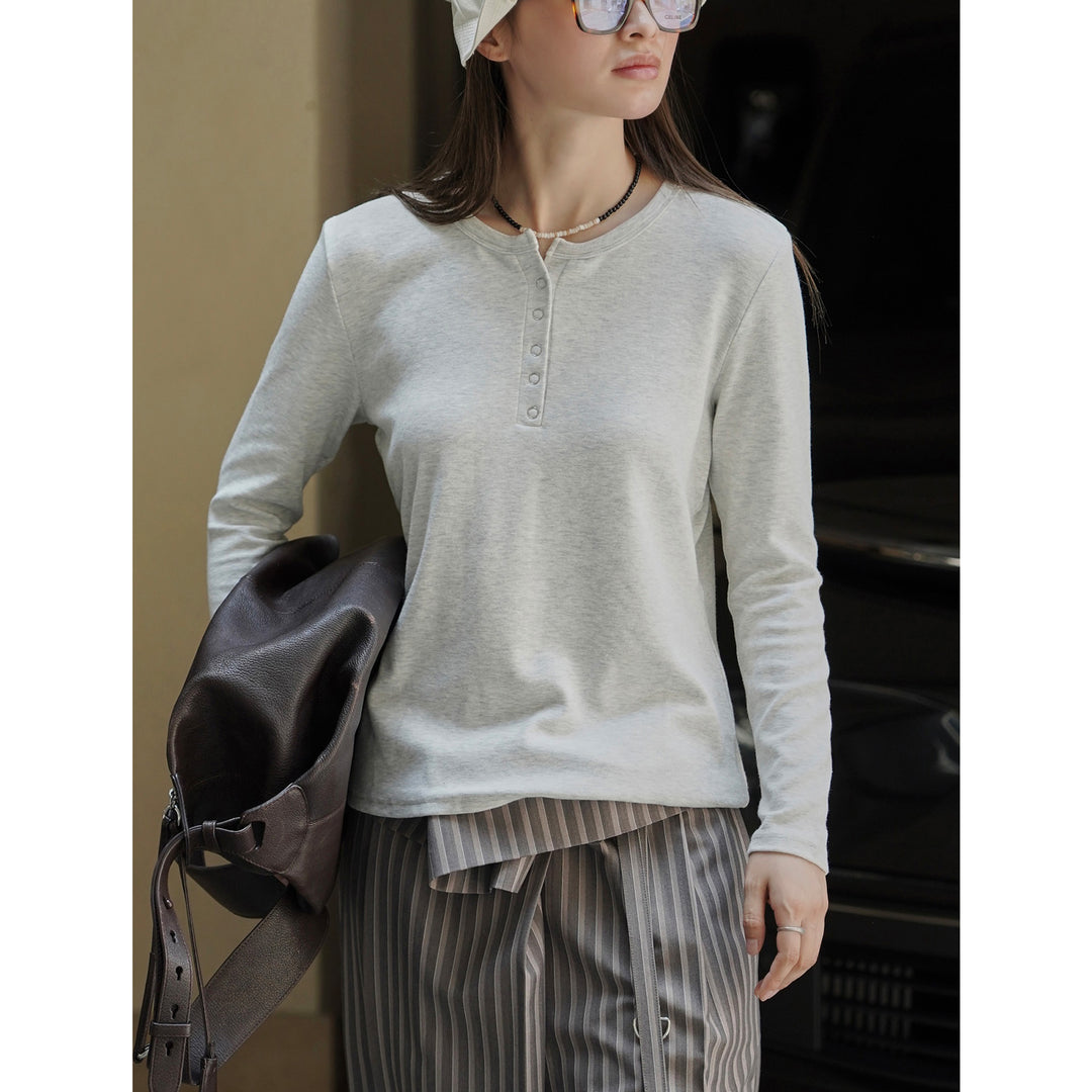 Women's Long Sleeve Henley Shirt with Snap Placket Amarae