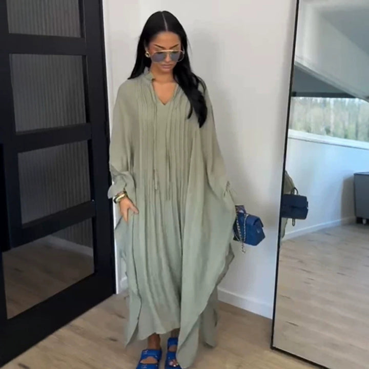 Women's maxi dress in kaftan style with ruffled collar, tie straps, and voluminous sleeves Amarae