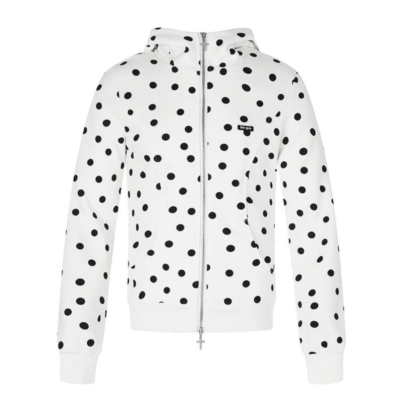 Women's Figure-Hugging Hooded Sweat Jacket with Polka Dot Pattern, Metal Front Zipper and Kangaroo Pockets Amarae