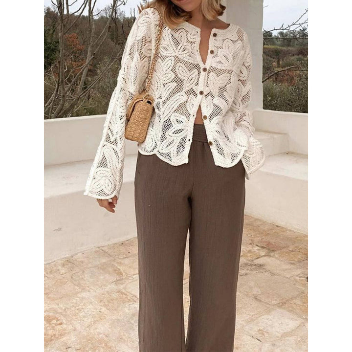 Women's Crochet Cardigan with Floral Openwork Pattern, Button Placket & Wavy Hem Amarae