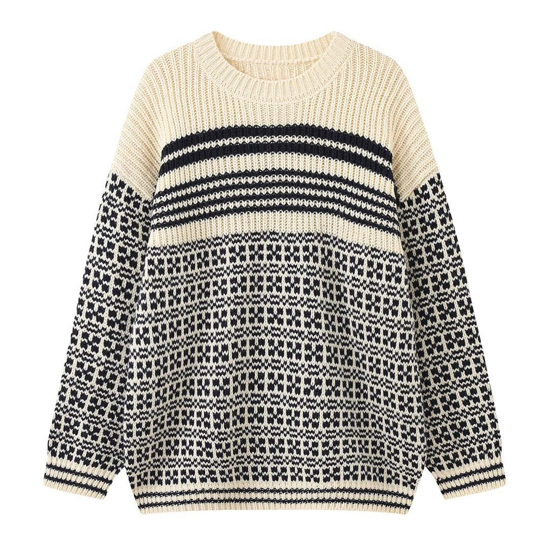 Women's Chunky Knit Oversized Sweater with Jacquard Pattern and Round Neck