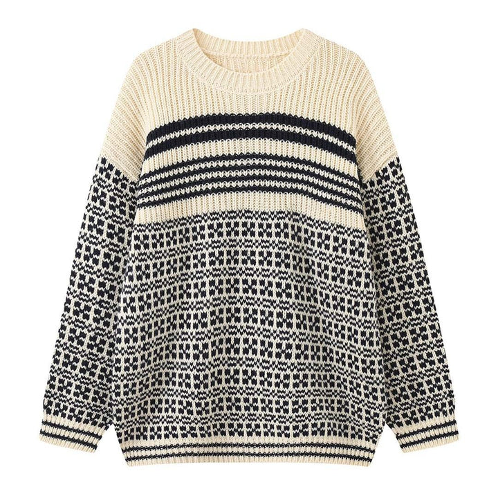 Women's Chunky Knit Oversized Sweater with Jacquard Pattern and Round Neck