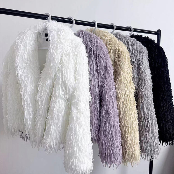 Ladies Short Cozy Jacket in Synthetic Fur with Chic and Stylish V-Neck
