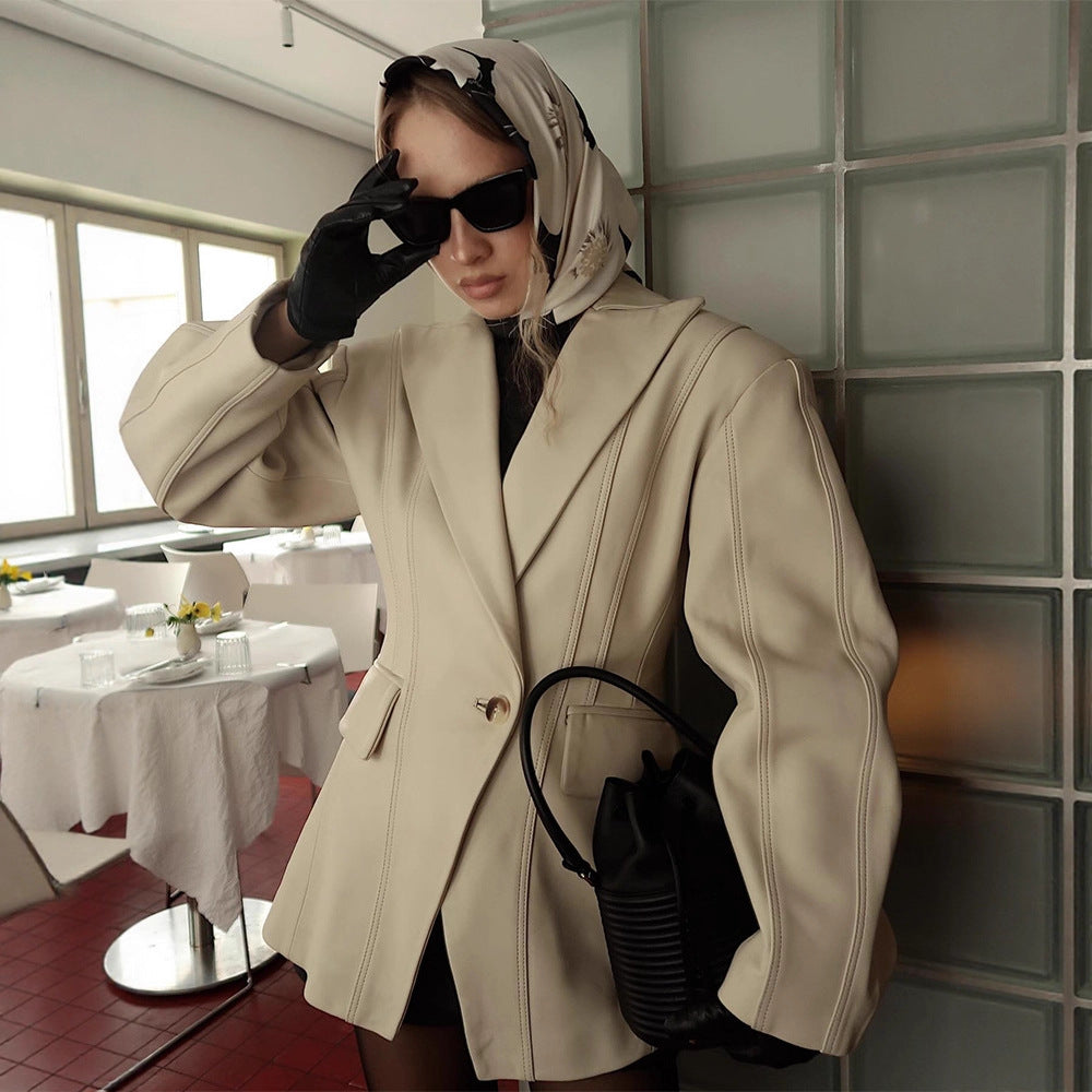 Women Tailored Faux Leather Blazer with Princess Seams and Structured Shoulder Amarae