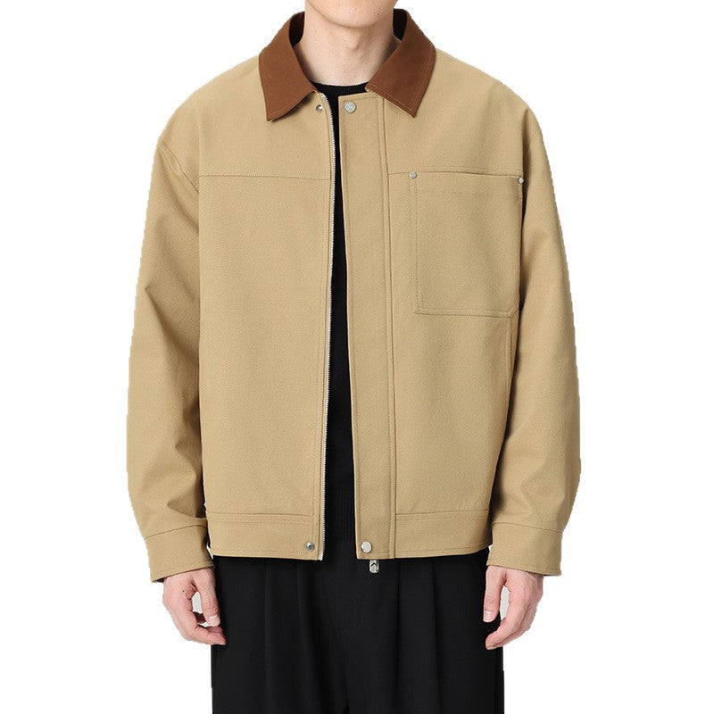 Men's short jacket in workwear look with contrast collar, concealed zipper, and chest pocket Amarae