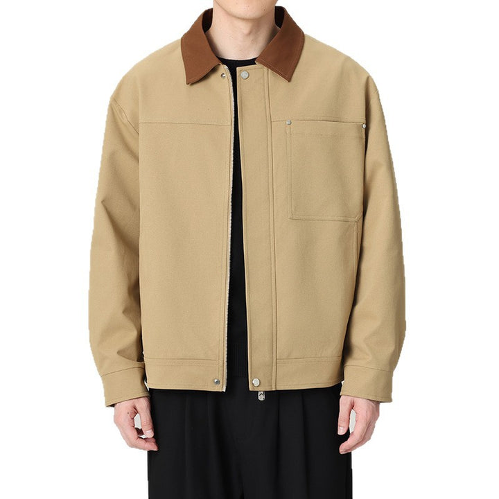 Men's short jacket in workwear look with contrast collar, concealed zipper, and chest pocket Amarae