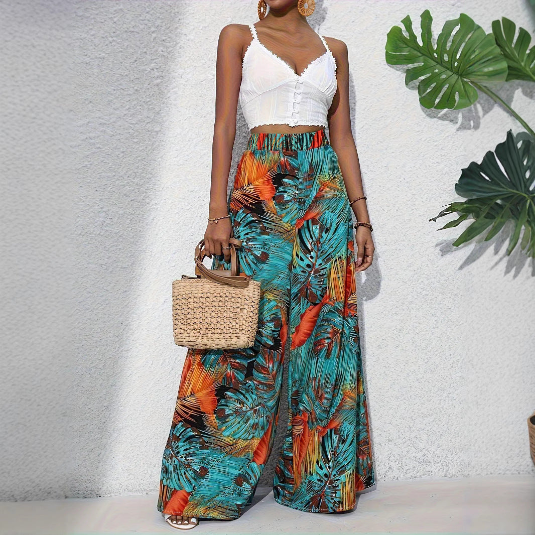 Palazzo Pants for Women with a Lively Palm Pattern and an Elastic High Waist Lune London