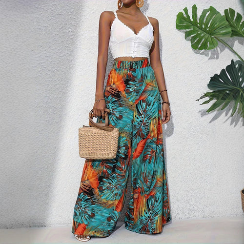 Palazzo Pants for Women with a Lively Palm Pattern and an Elastic High Waist Amarae