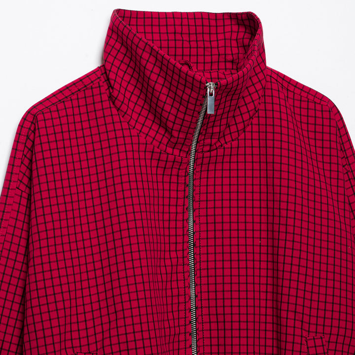 Women Checked Cropped Jacket with Stand-up Collar and Zipper Amarae