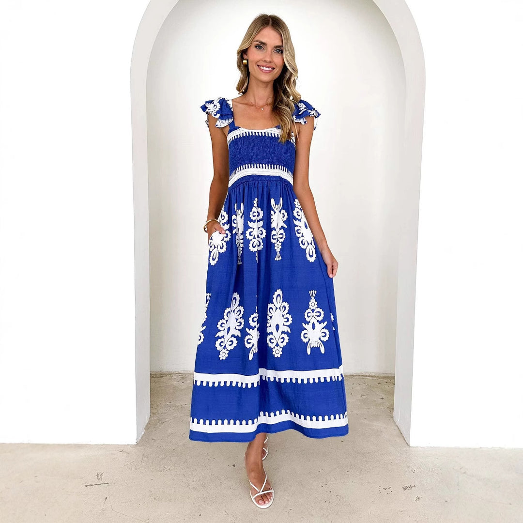 Women's maxi dress with floral embroidery and ruffle details Lune London