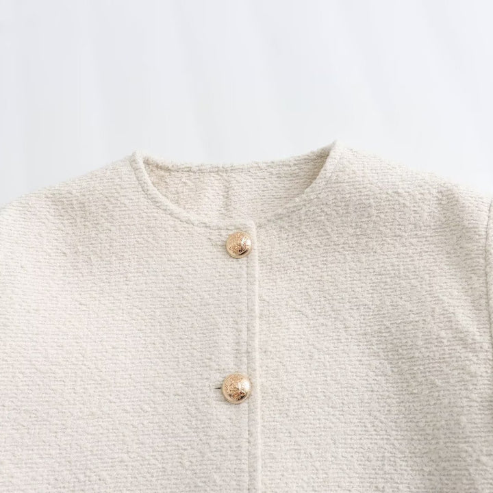 Women's Boxy Boucle Jacket with Round Neckline, Decorative Button Placket and Flap Pockets Amarae