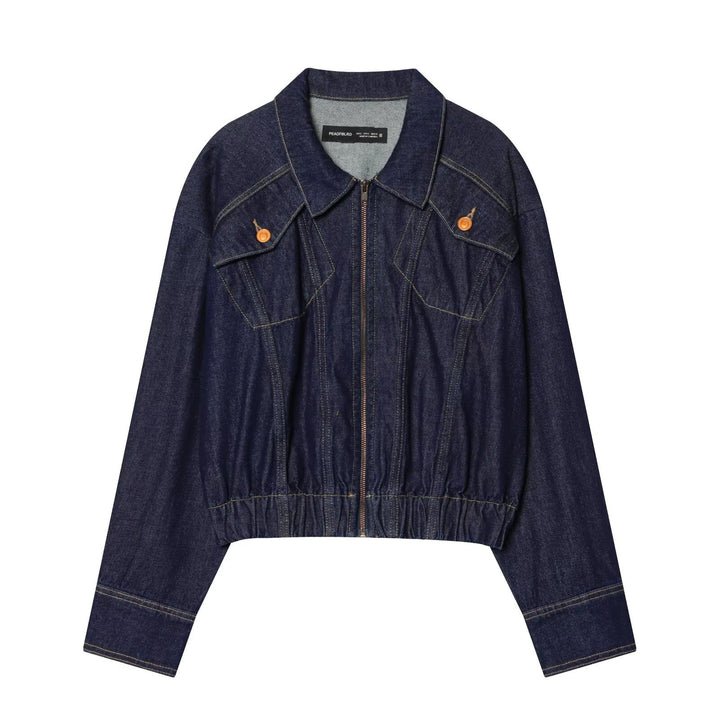 Women's Cropped Denim Jacket with Zipper, Tailored Drawstring and Flap Pockets Amarae