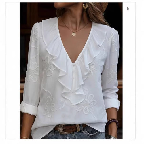 Women's elegant blouse with ruffle and floral embroidery pattern Amarae