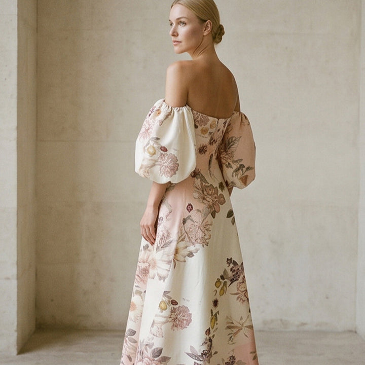 Women Elegant Off-Shoulder Evening Dress with Flared Skirt and Balloon Sleeves Amarae