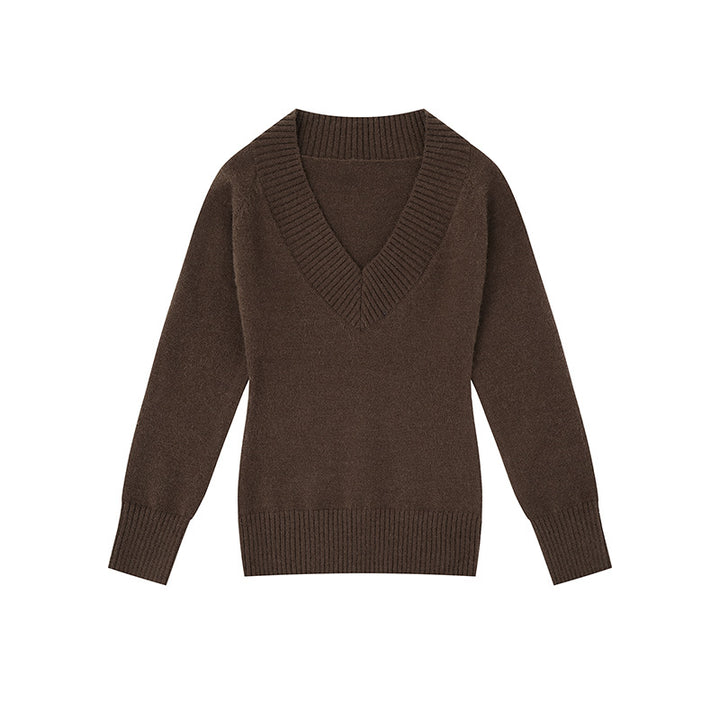 Women's fine knit pullover with deep V-neck, wide ribbed hem, and relaxed fit Amarae