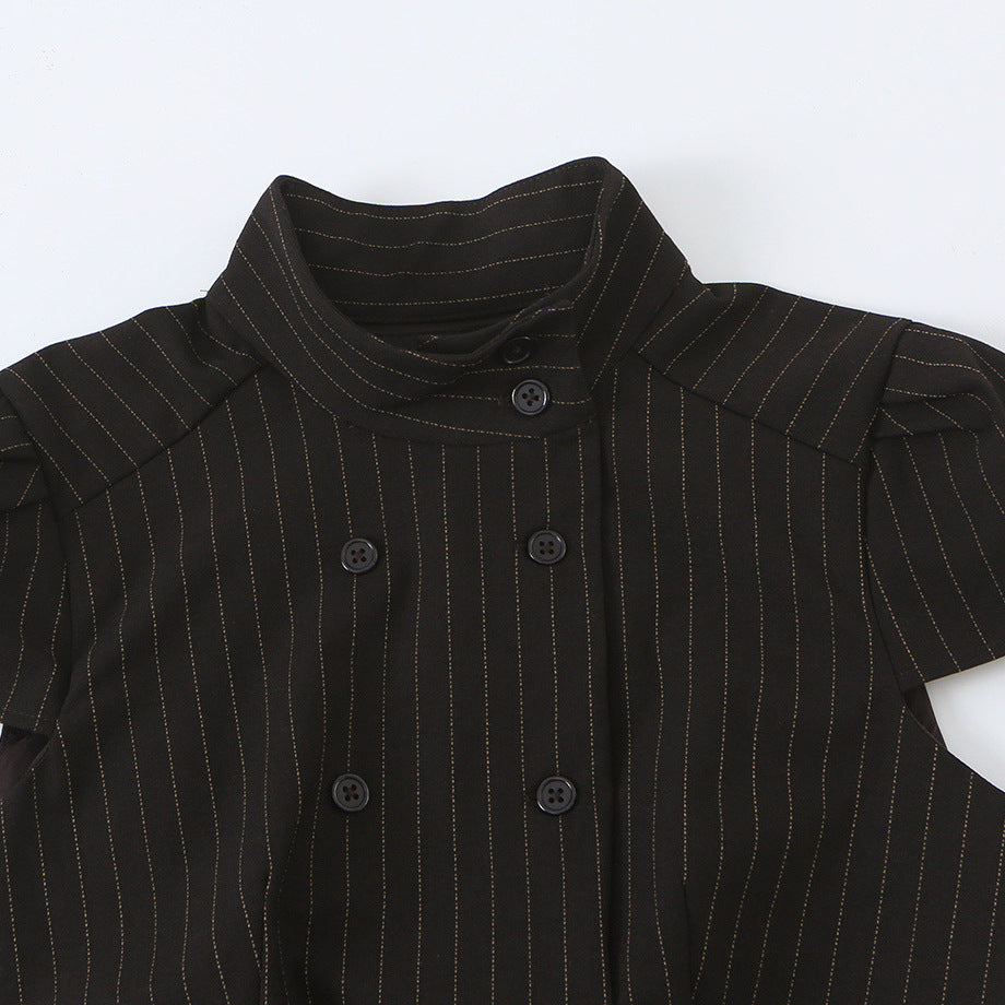 Women Tailored Short Sleeve Waistcoat with Pinstripes and Double Button Placket Amarae