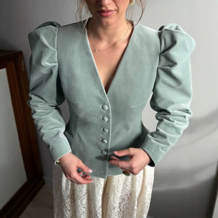 Women Fitted Velvet Blazer with Emphasized Waist, V-Neck and Voluminous Puff Sleeves Amarae