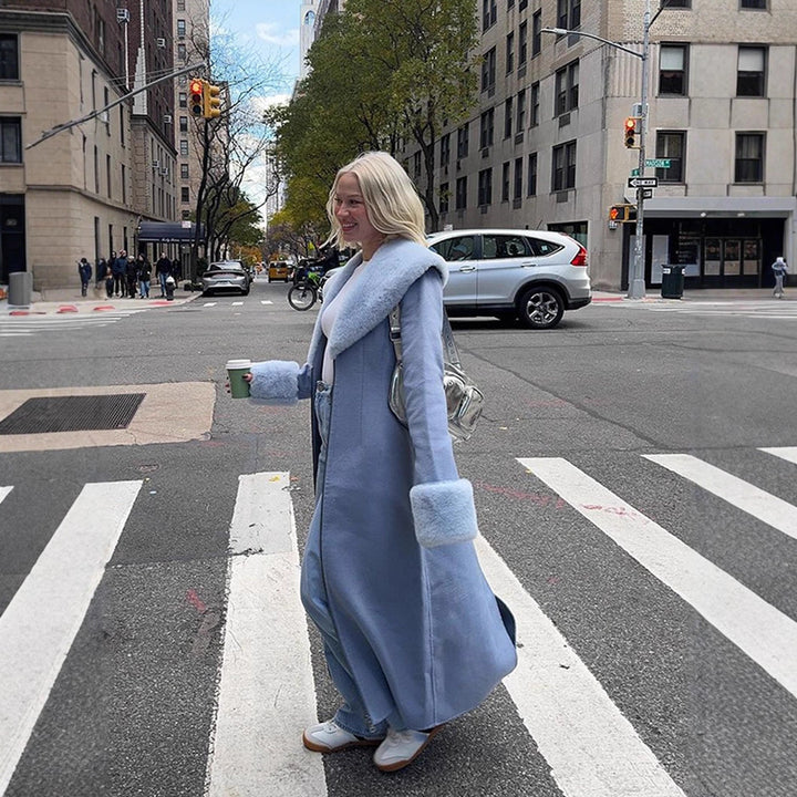 Women Elegant long-cut coat made of velour look with voluminous faux fur shawl collar Amarae