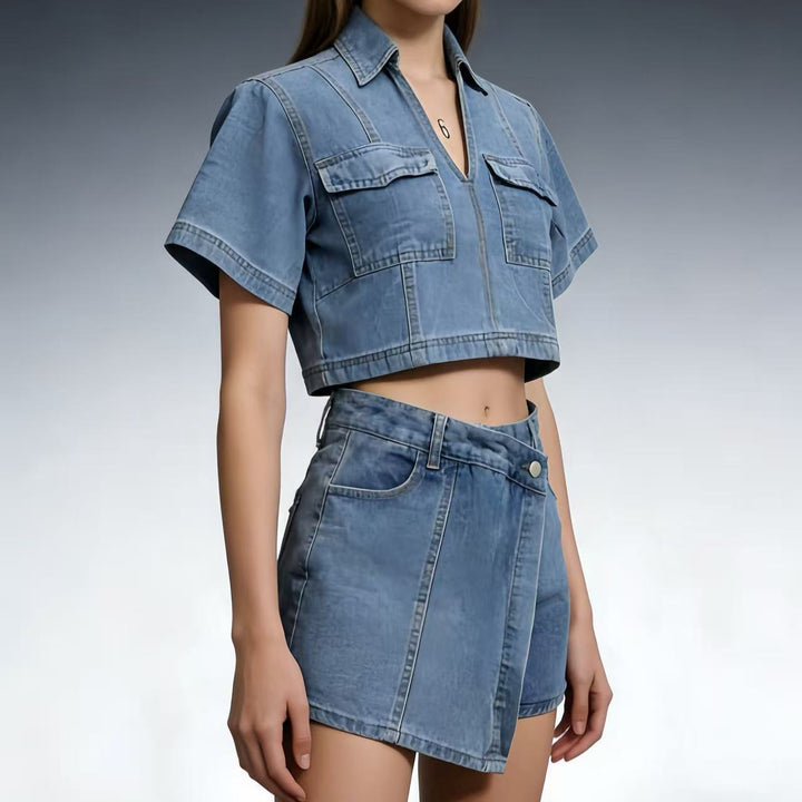 Women's stylish cropped shirt with patch pockets and casual shorts Lune London