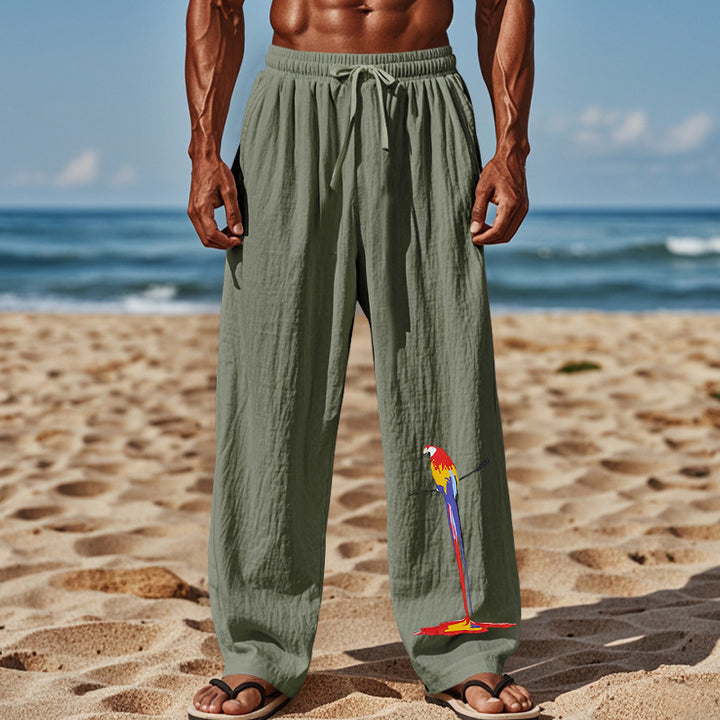 Light beach pants for men with colorful parrot design Lune London