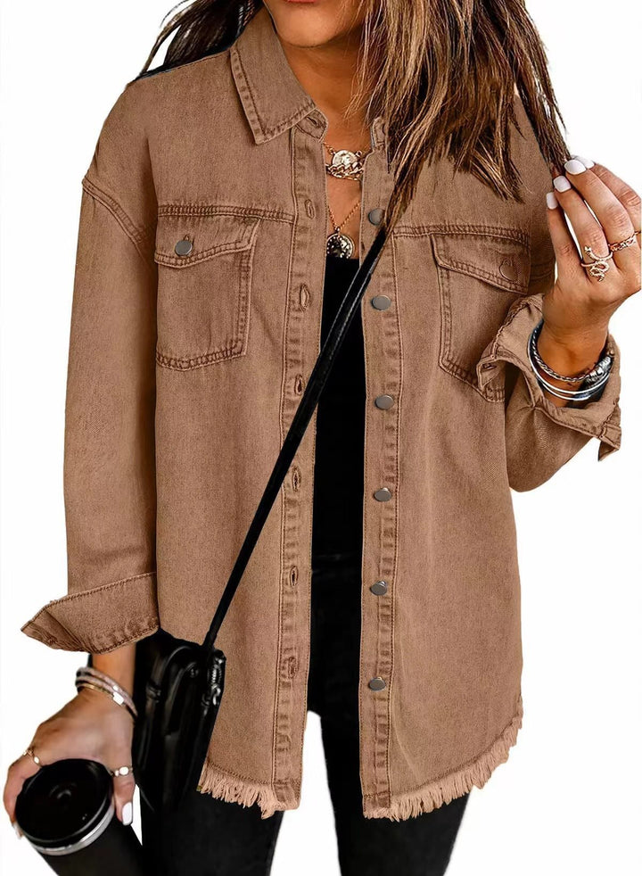 Women's denim shirt with frayed hem and practical pockets Lune London
