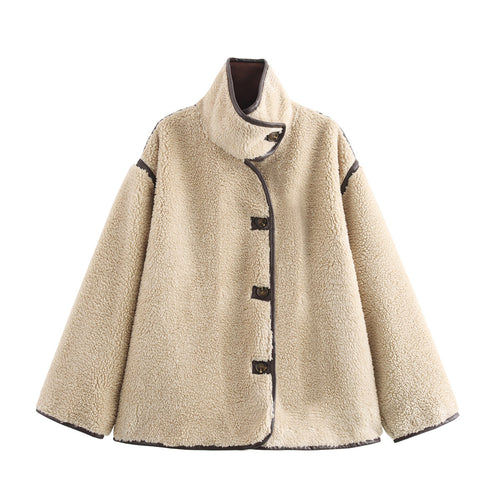 Soft fleece jacket for women with high collar and button closure Amarae