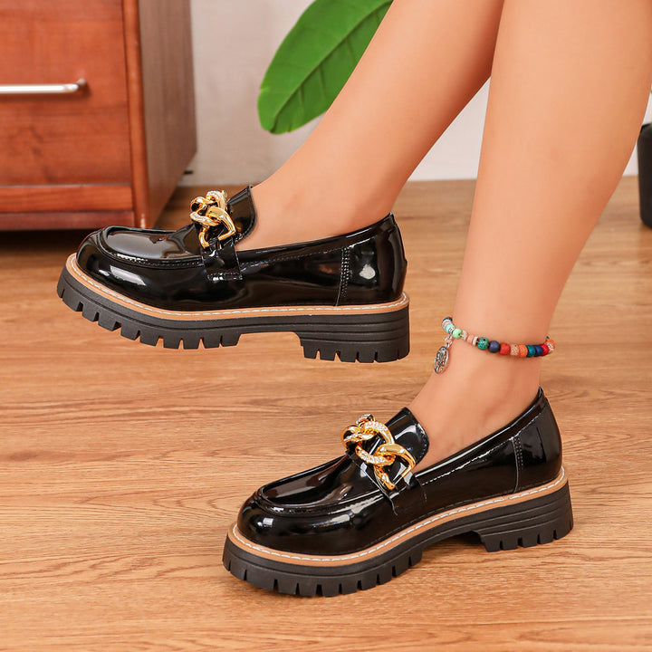 Women's Shiny Slip-On Loafers with Chunky Profile Sole and Decorative Chain Amarae