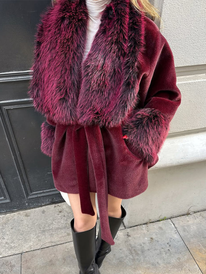 Women's Short Faux Fur Coat with Voluminous Shawl Collar, Waist Belt, and Fur Cuffs Amarae