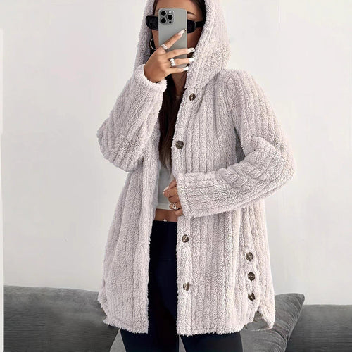 Fleece jacket for women with hood and buttoned design Amarae
