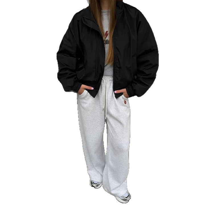 Women's Oversized Cropped Bomber Jacket with Stand Collar and Zipper