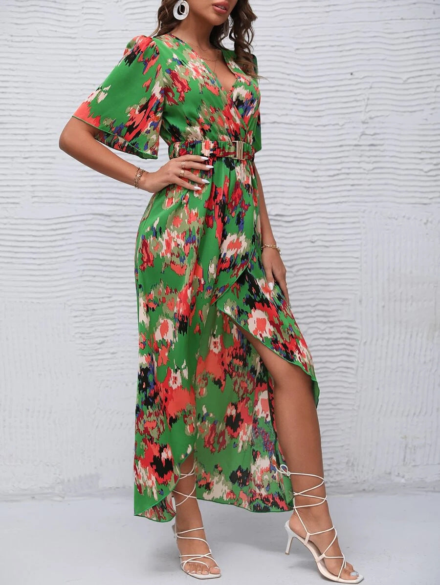 Maxi floral dress with long sleeves for women with belt pouch Lune London