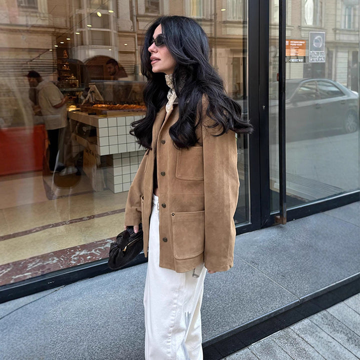 Women's Boxy Short Jacket in Suede Look with Contrast Collar & Patch Pockets Amarae