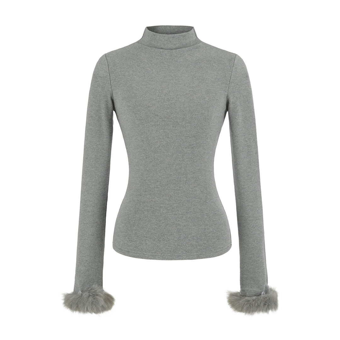 Women's Fitted Turtleneck Top with Faux Fur Cuffs Amarae