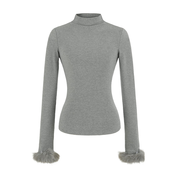 Women's Fitted Turtleneck Top with Faux Fur Cuffs Amarae