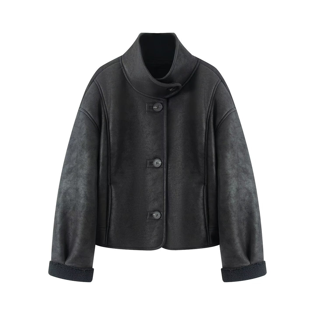 Women's Short Lambskin-Look Jacket with Stand-up Collar and Button Placket Amarae