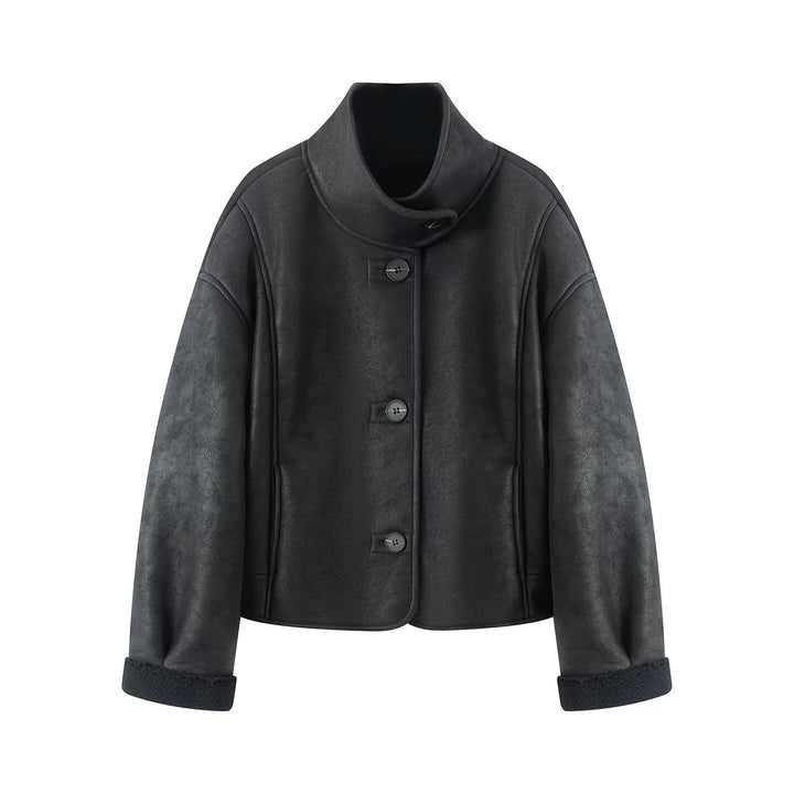 Women's Short Lambskin-Look Jacket with Stand-up Collar and Button Placket Amarae