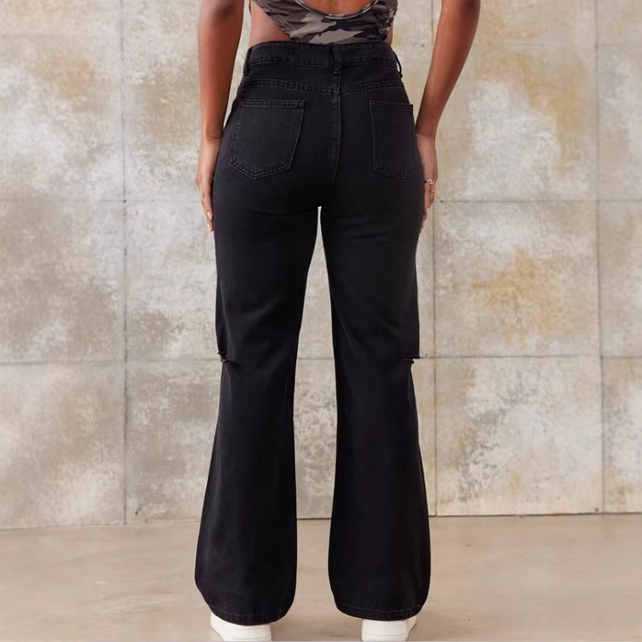 Ladies High-Waist Straight Jeans with wide leg, knee rip and textured denim look Amarae