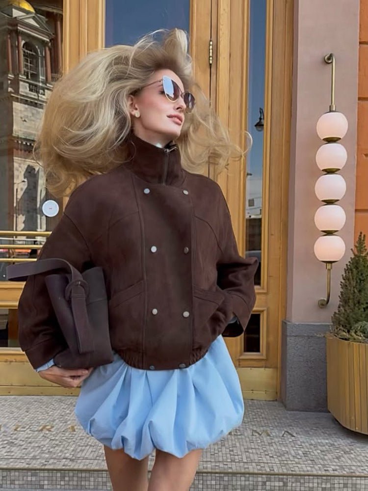 Women's Short Bomber Jacket made of Suede Leather with High Stand-up Collar and Boxy Silhouette Amarae