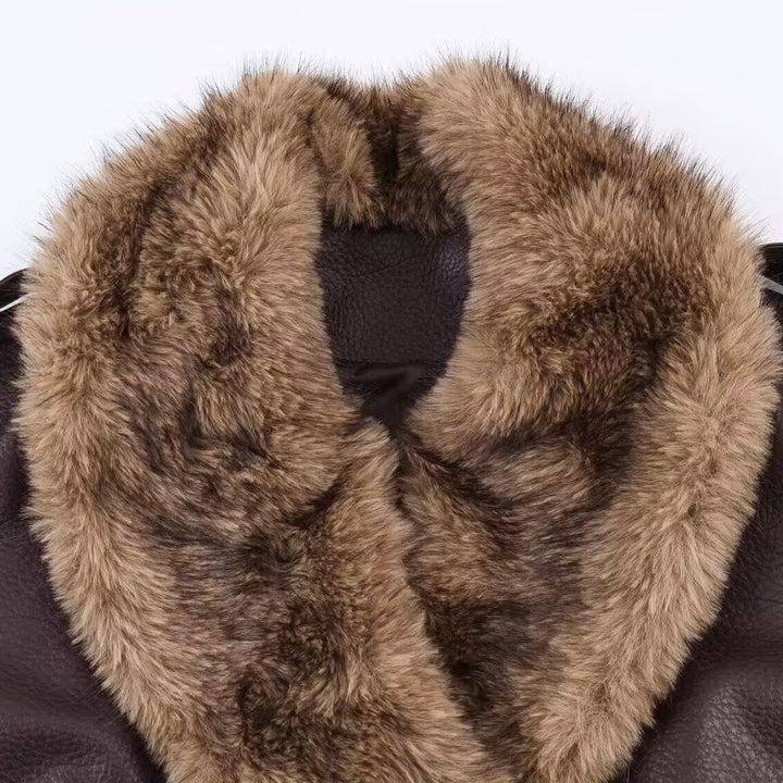 Women's Faux Leather Bomber Jacket with Large Faux Fur Collar Amarae