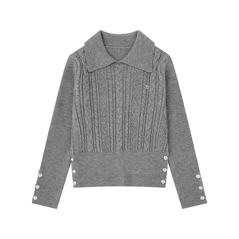 Women's fine knit polo sweater with cable pattern, decorative button trim and tailored fit Amarae