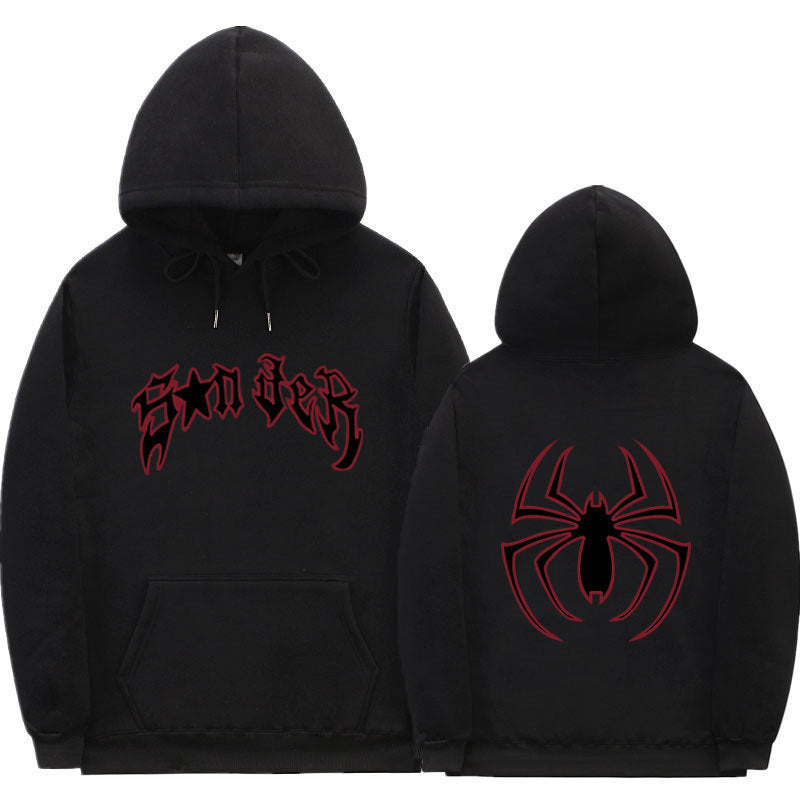 Women's hoodie with striking spider motif and coarse lettering Lune London